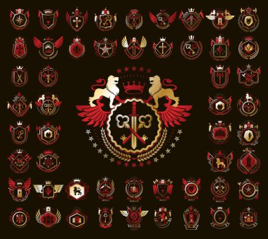 Heraldic Coat of Arms vektör seti, antika heraldik rozetler ve ödüller koleksiyonu, klasik tarz tasarım unsurları, aile veya iş logoları sembolleri.