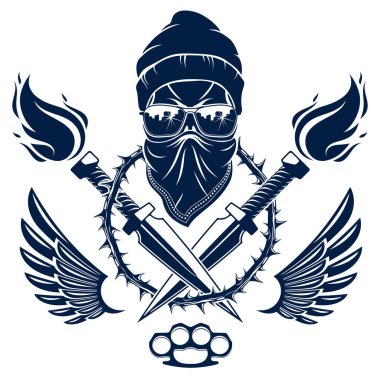 Devrim ve isyan arması veya saldırgan kafatası, silah ve farklı tasarım unsurları, vektör dövmesi, anarşi ve kaos, isyancı partizan ve devrimci.