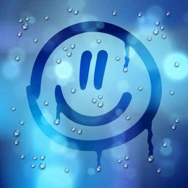 Bulanık arka plan ve su damlaları üzerine çizilmiş sevimli bir gülümseme, vektör gerçekçi çizim, yağmurlu hava güzel sanat olduğunda mutlu..