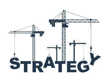 İnşaat vinçleri strateji kelime vektör konsepti tasarımı, gelişim sürecinde alegorili kavramsal illüstrasyon, iş planının şık metaforu oluşturur..
