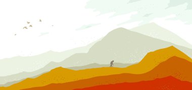 Gezgin hacı illüstrasyonuyla güzel manzara manzarası sonbahar mevsimi çayır çayırları tepeleri ve dağlarla kırsal konsepte yürüyüş gezisi..