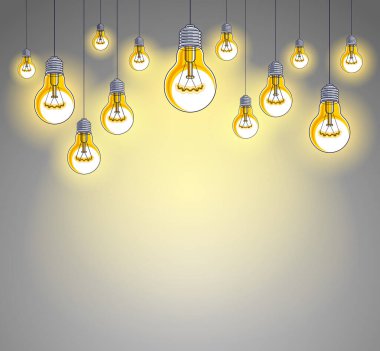 Ampuller parlıyor güzel vektör gerçekçi illüstrasyon. Fikirler, yaratıcı ilham, yaratıcılık. Mükemmel arkaplan veya duvar kağıdı.