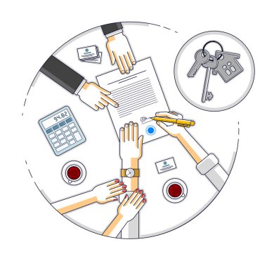 Koca, gayrimenkul alımı için banka ipoteği hipotezi imzalıyor ve karısı karar vermesine yardım ediyor. Çalışan da kredi şartlarını, insanların el ve kağıtlarını açıklıyor. Vektör.