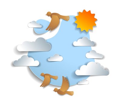 Kuşlar güzel bulutların arasında uçuyor ve gökyüzünde güneş var, yaz rahat ve huzurlu bir duygu, kağıttaki vektör çizimi çocukların tarzını kesiyor..