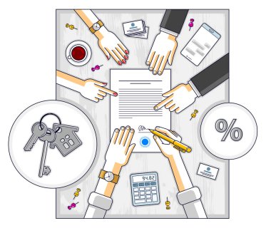 Yeni bir araba ve banka çalışanı veya otomobil kuaförü satın almak için kredi belgesi imzalayan adam, kredi şartlarını veya araba kiralama şartlarını, insanların el ve kağıt belgelerinin bulunduğu masanın üst görünümünü açıklıyor. Vektör.