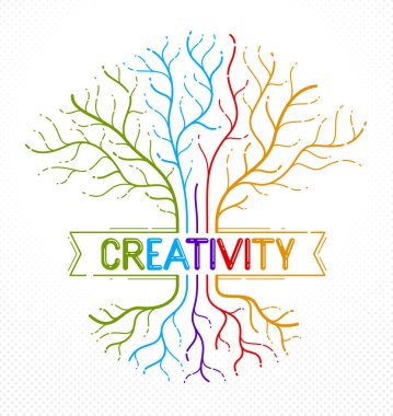 Renkli ağaç vektörü doğrusal biçim simgesi veya logo çizimi ile yaratıcılık kavramı.