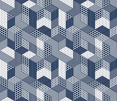 Kusursuz noktalı ve çizgili küp vektör arkaplanı, noktalar ve çizgiler kutular tekrar eden fayans deseni, 3D mimari ve yapı, geometrik tasarım.