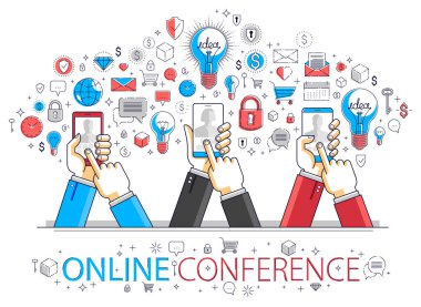 İnternet ekip çalışması internet üzerinden çalışıyor ve cihazlar ve uygulamalar, iş adamlarının elleri telefon ve tablet, vektör illüstrasyonları kullanarak konferans yapıyorlar..