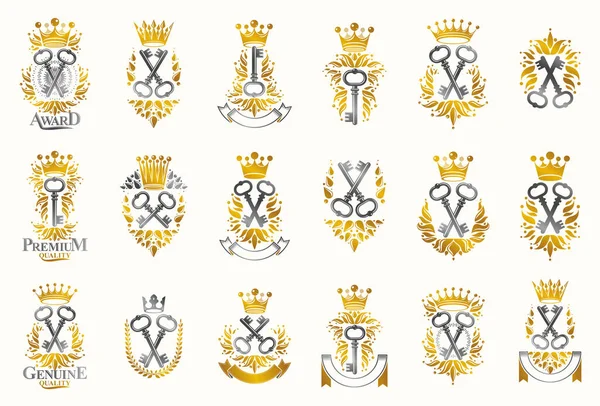 Hindiler sırları vektör amblemleri büyük set, anahtarlar heraldik tasarım unsurları koleksiyonu, klasik tarz heraldry sembolleri, antika tasarımlar.