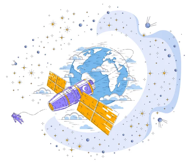 宇宙飛行 宇宙船の周りを周回する宇宙ステーションは 太陽電池パネル 人工衛星 星や他の要素に囲まれています 細い線3Dベクトル図 — ストックベクタ
