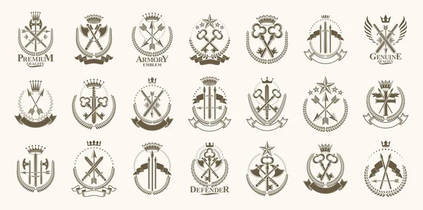 Klasik silah vektör logoları veya amblemleri, Heraldik tasarım elementleri büyük set, klasik askeri savaş cephaneliği sembolleri, antika bıçaklar..