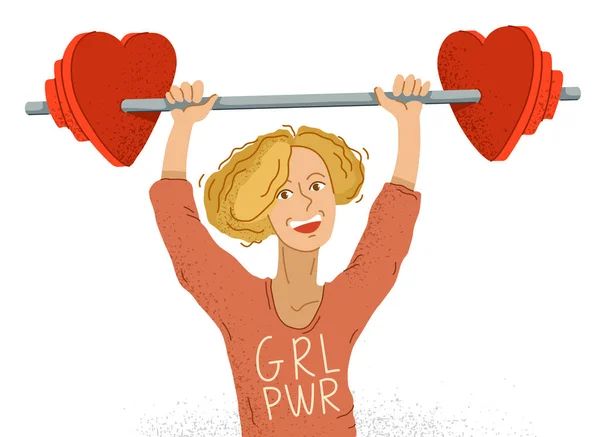 Young Adorable Happy Feminist Woman Pushed Barbell Heart Shaped Weights — Stock Vector