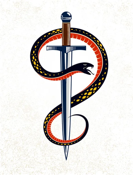 Змія Кинджал Змій Обгортає Татуювання Мечем Векторного Вінтажу Життя Концепція — стоковий вектор