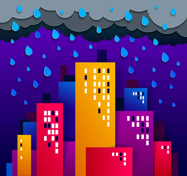 City Houses Buildings Rain Night Paper Cut Cartoon Kids Game — Stock Vector