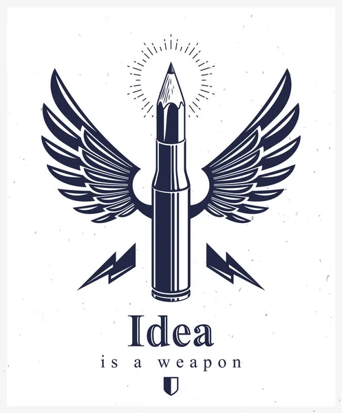 意念是一个武器概念 设计师或艺术家的武器寓言 用铅笔而不是子弹 创造力 矢量标识或图标做成有翼的枪弹盒 — 图库矢量图片
