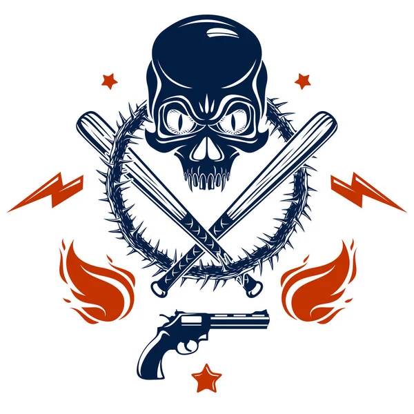 Gangster Emblem Logotyp Eller Tatuering Med Aggressiv Skalle Baseball Fladdermöss — Stock vektor