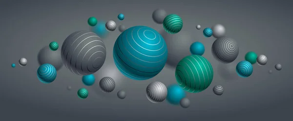 概要球面ベクトル背景 線で装飾された飛行ボールの組成 3D混合現実的な球 フィールド効果の現実的な深さ — ストックベクタ