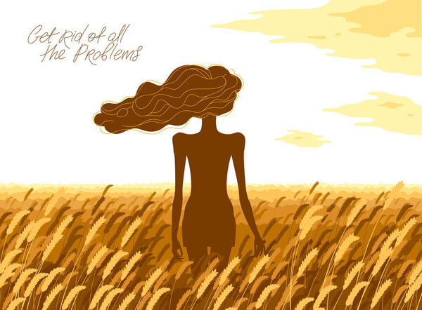 Slim young girl from back stands in a wheat field vector illustration, tranquil scene relax and rest concept, get rid of all the problems.
