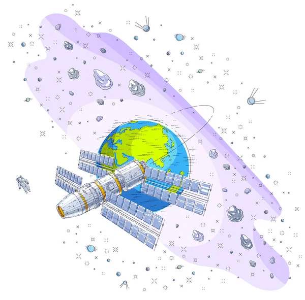 Stazione Spaziale Che Vola Volo Orbitale Intorno Alla Terra Navicella — Vettoriale Stock