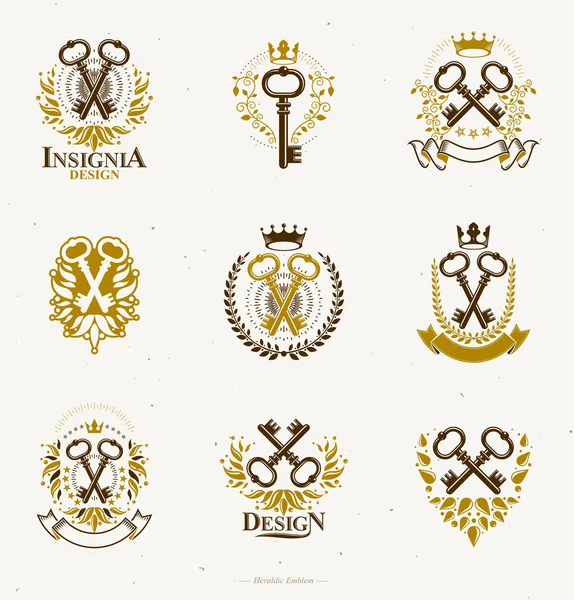 Eski Turnkey Keys Amblemleri Ayarlandı Heraldik Vektör Tasarım Elemanları Koleksiyonu — Stok Vektör