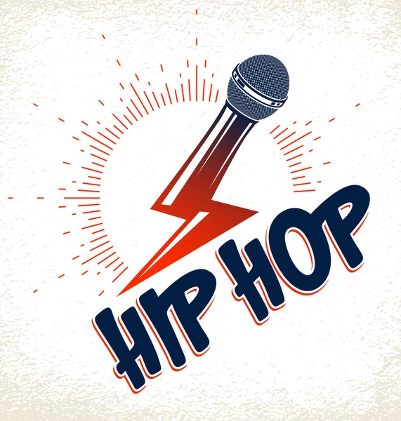 Rap Μουσική Διάνυσμα Λογότυπο Έμβλημα Μικρόφωνο Σχήμα Κεραυνού Μπουλόνι Hip — Διανυσματικό Αρχείο