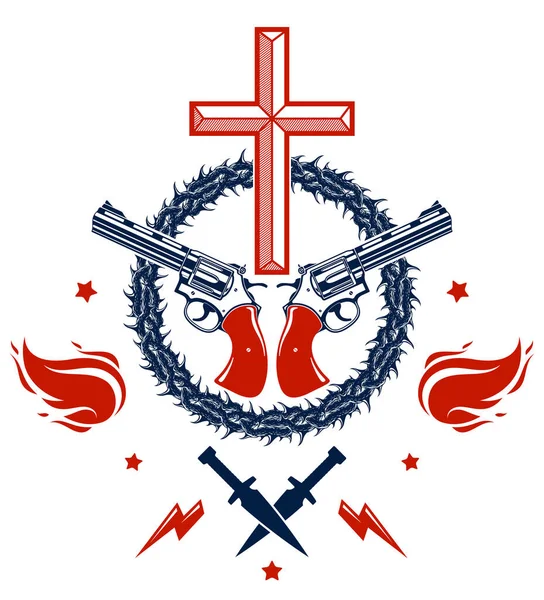 Криминальная Гангстерская Эмблема Логотип Христианским Крестом Символизирующий Смерть Оружие Различные — стоковый вектор