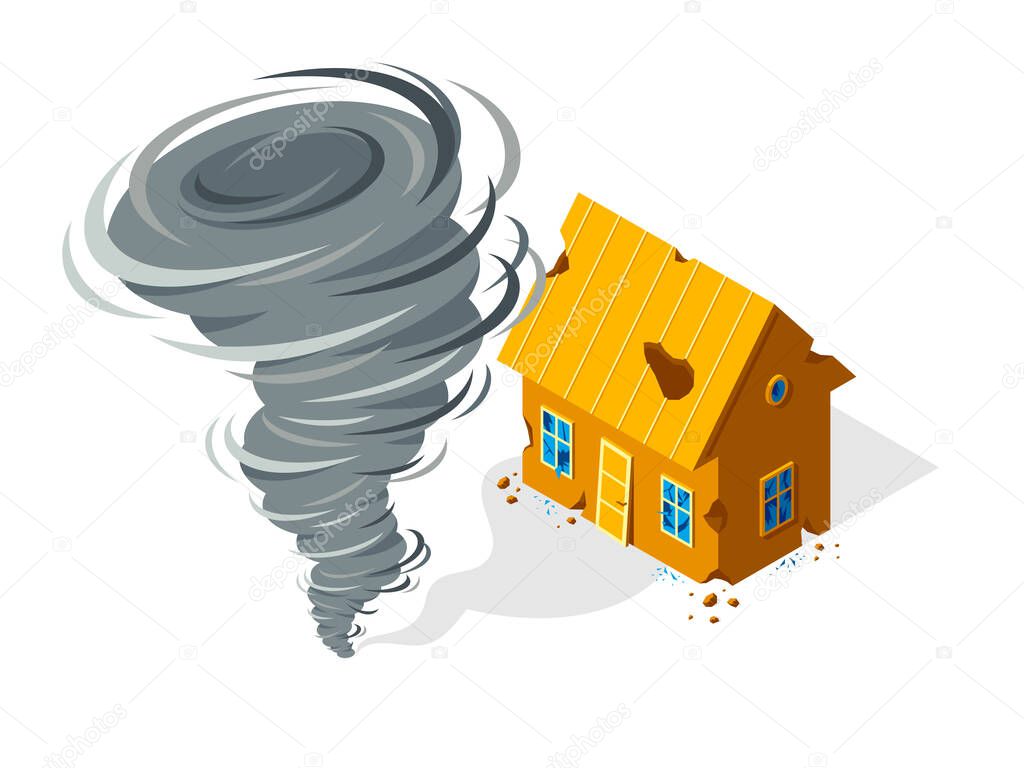 House and tornado real estate insurance concept vector isometric illustration isolated on white background, natural disaster protection.