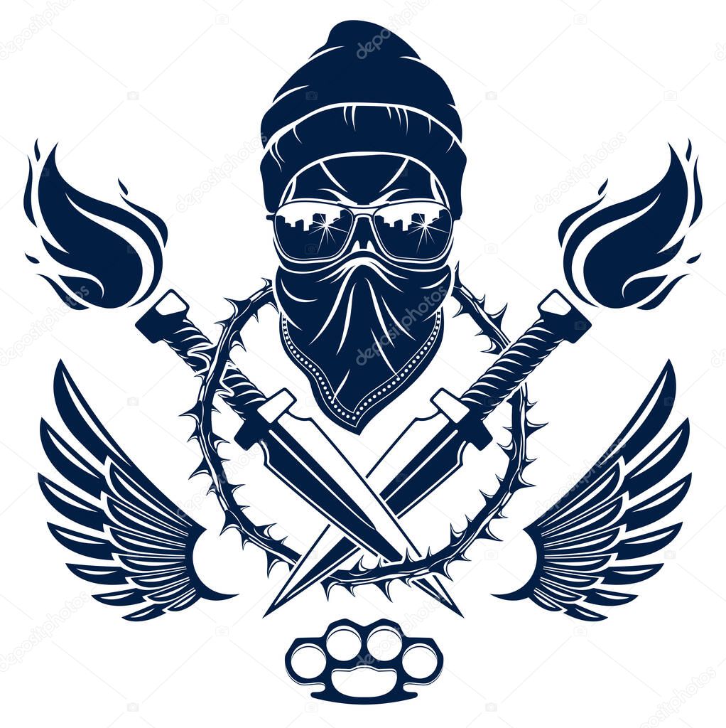 Revolution and Riot wicked emblem or logo with aggressive skull, weapons and different design elements , vector tattoo, anarchy and chaos, rebel partisan and revolutionary.