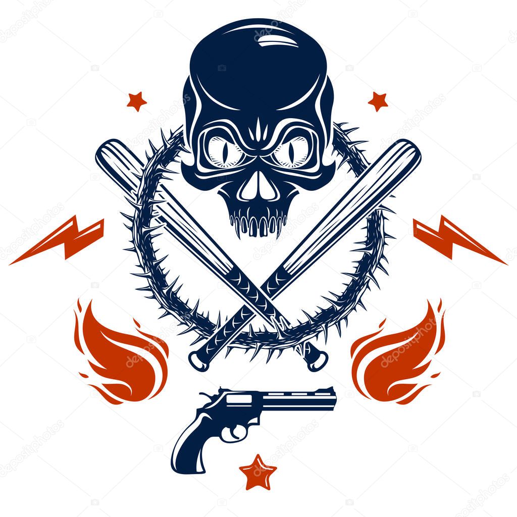 Gangster emblem logo or tattoo with aggressive skull baseball bats and other weapons and design elements, vector, criminal ghetto vintage style, gangster anarchy or mafia theme.