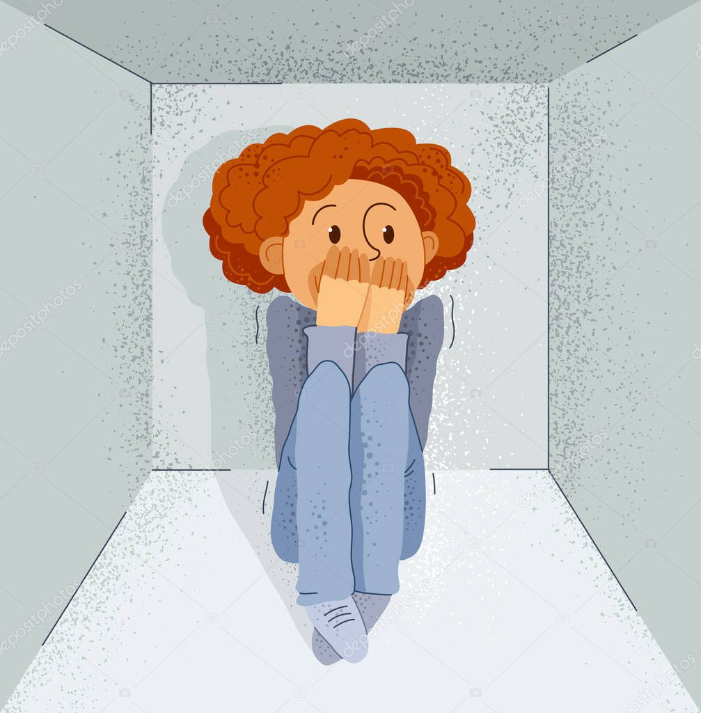 Claustrophobia fear of closed space and no escape vector illustration, boy is closed in small room space and scared in panic attack.