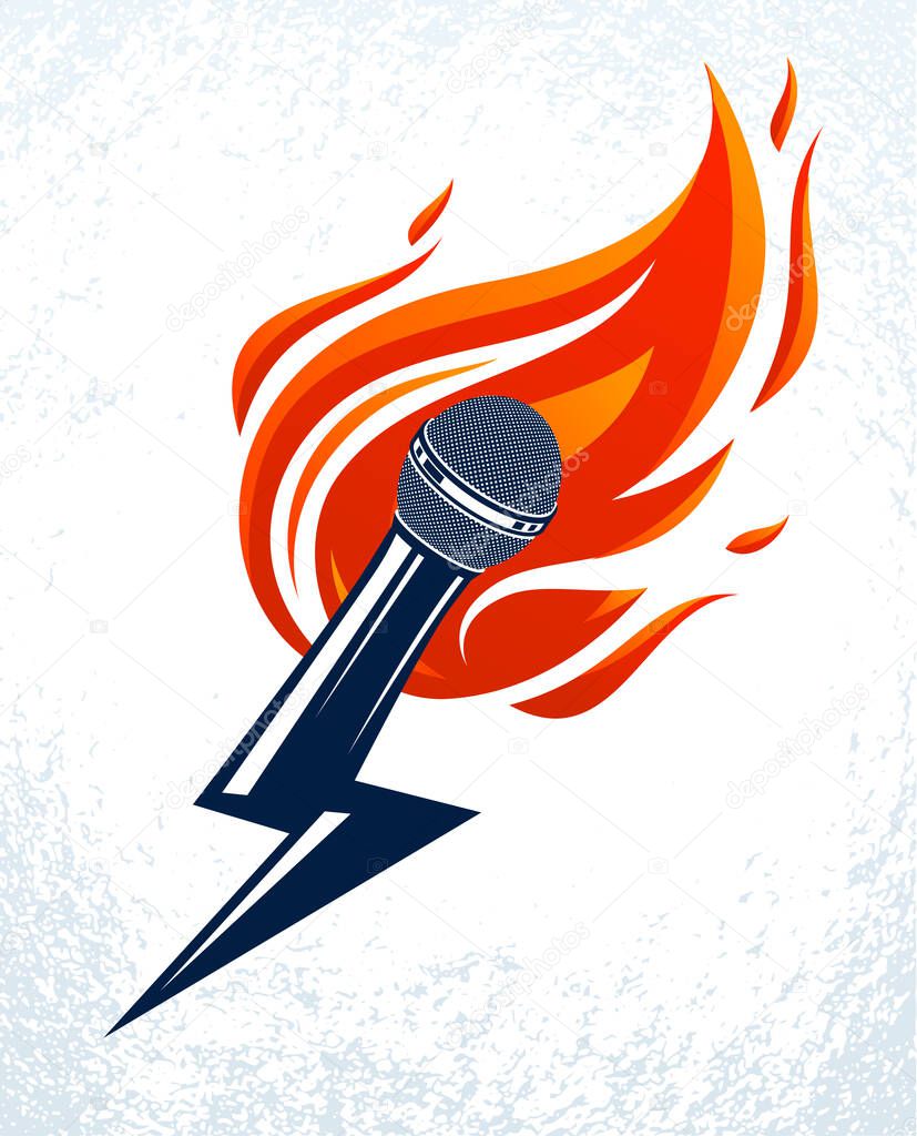 Microphone on fire and shape of lightning, hot mic in flames and bolt, breaking news concept, rap battle rhymes music, karaoke singing or standup comedy, vector logo or illustration.