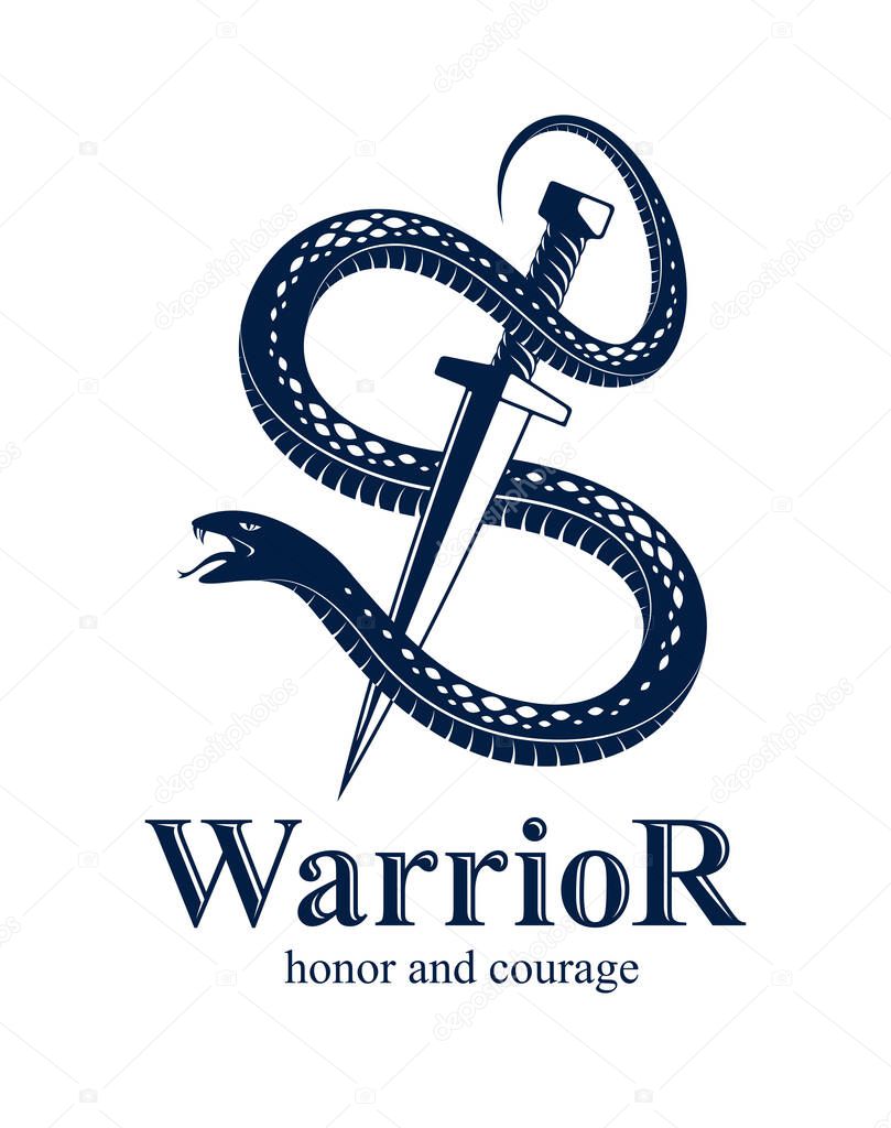 Snake and Dagger, Serpent wraps around a sword vector vintage tattoo, Life is a Fight concept, allegorical logo or emblem of ancient symbol.