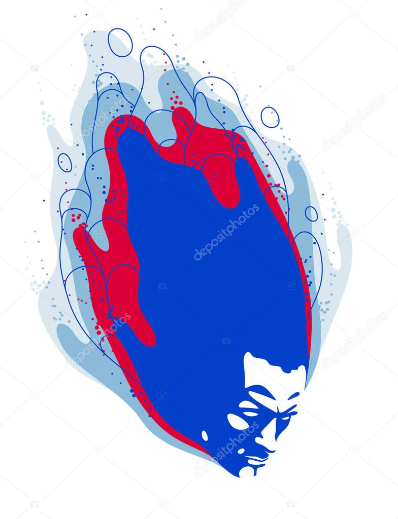 Man head with abstract fluids flying from it vector philosophical illustration, psychology insight and meditation theme, thinking and dreaming, mindfulness.