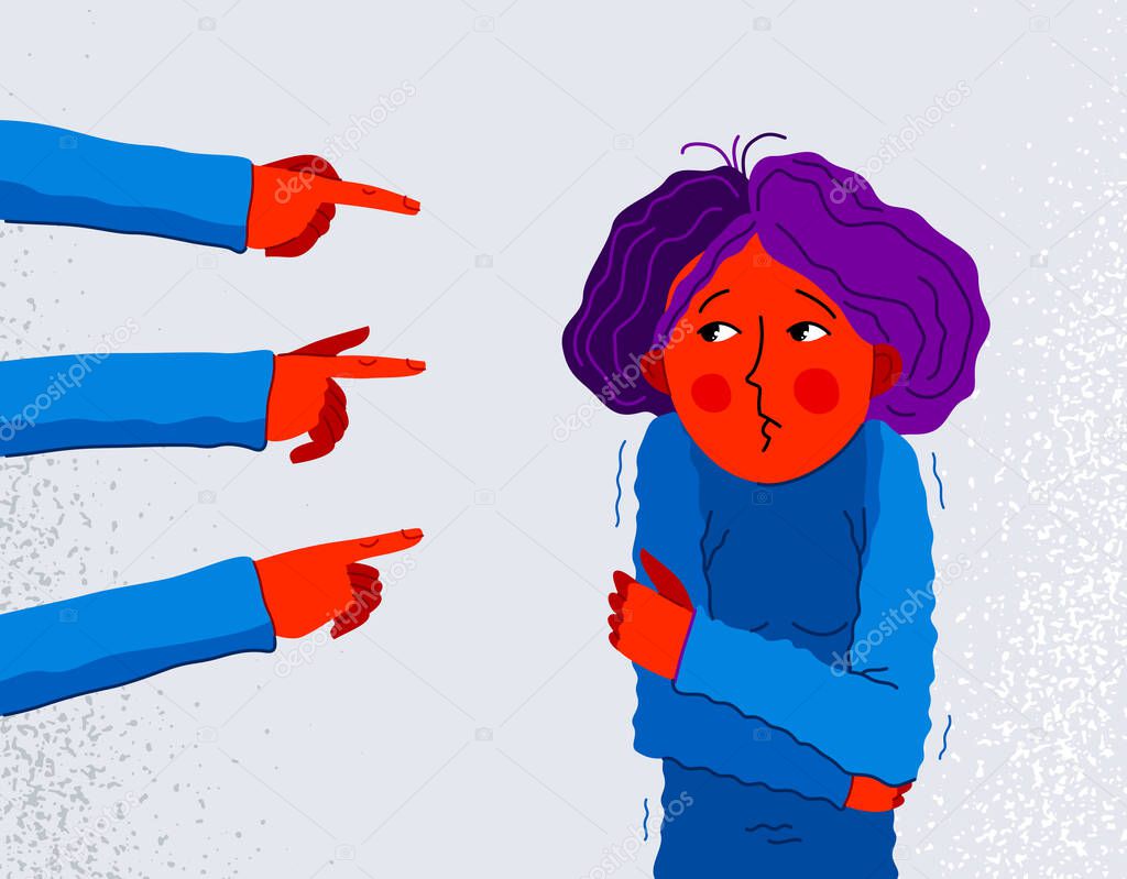 Shaming and blaming vector concept, hand pointing finger on young girl woman feeling uncomfortable and scared, discrimination problem of cruel and intolerant behavior in social groups.