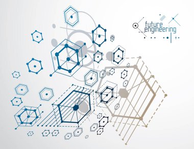 Teknik plan, grafik ve web tasarımında kullanmak için soyut mühendislik taslağı. Altıgenler, çizgiler ve dairelerle oluşturulan endüstriyel sistemin vektör çizimi.