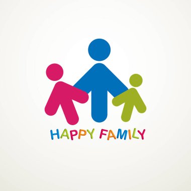 Mutlu aile basit vektör logosu veya insanların geometrik işaretleriyle oluşturulmuş bir simge. Baba, anne ve çocuğun şefkatli ve koruyucu ilişkileri.