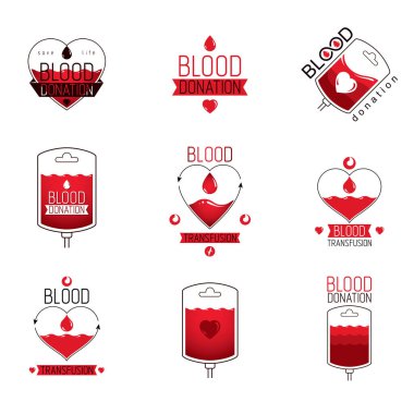 Collection of vector emblems created on blood donation idea, blood transfusion and circulation concepts. Medical theme vector graphic symbols. clipart