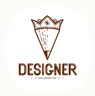 Kalem, taç, vektör basit trend logosu veya tasarımcı veya stüdyo için simge, yaratıcı kral, kraliyet tasarımı, doğrusal stil.