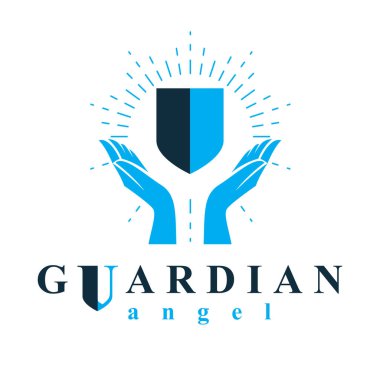 Kalkan vektör çizimi, güvenlik ve güvenlik metaforu. Koruyucu melek vektörü soyut amblemi.