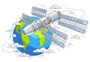 Uzay istasyonu Dünya 'nın yörüngesinde uçan uzay aracı, güneş panelleri ve yapay uydularla donatılmış uzay gemisi. İnce çizgi 3d vektör çizimi.