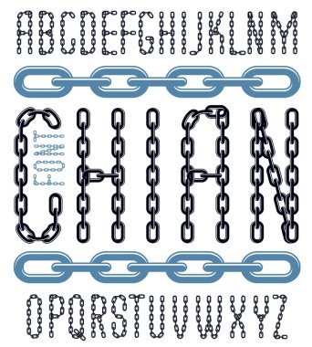 Vektör yazı tipi, modaya uygun yazı tipi poster oluşturmada kullanılabilir. Çelik zincir halkasıyla oluşturulmuş büyük harfler, birleştirilmiş halkalar..