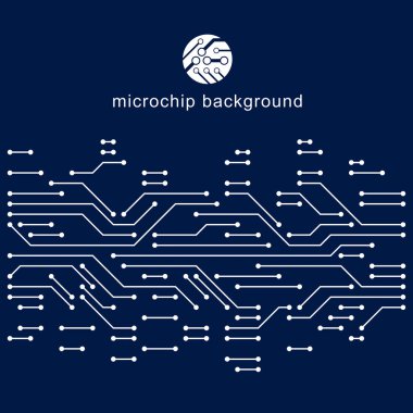 Teknoloji cihazının elektronik bileşenlerine sahip vektör devre kartı. Bilgisayar ana kartı sibernetik soyutlaması. Elektronik mikro işlemci 