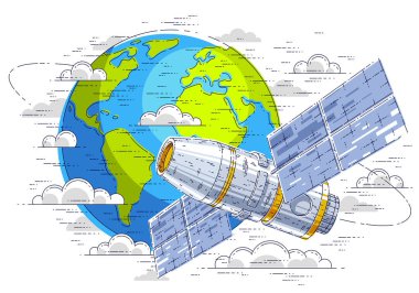 Dünya 'nın yörüngesinde dönen uzay istasyonu, uzay aracı, güneş panelleri ve yapay uyduları olan uzay gemisi. İnce çizgi 3d vektör çizimi.