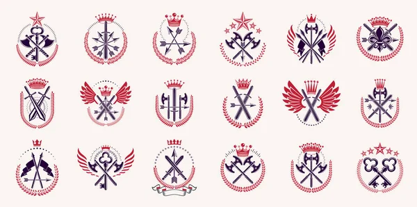 Logo Broni Duży Zestaw Wektor Vintage Heraldyczne Emblematy Wojskowe Kolekcja — Wektor stockowy