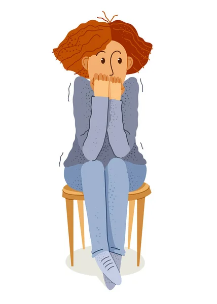 Scared young woman feeling uncomfortable vector illustration, phobia paranoia anxiety or other psychical and psychological problems concept, bad emotions.