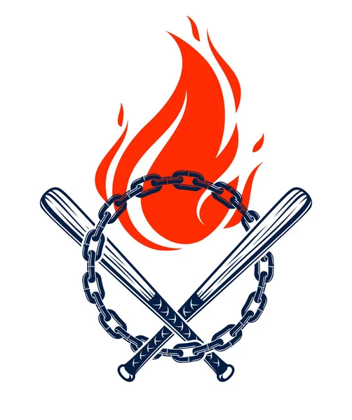 Chiroptères Baseball Flammes Feu Emblème Vecteur Isolé Sur Blanc Logo — Image vectorielle