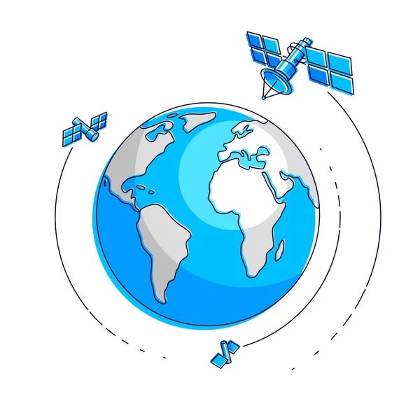 Wereldwijde Communicatietechnologiesatellieten Die Rond Aarde Rondvliegen Ruimtevaartuigen Met Zonnepanelen Schotelantennes — Stockvector