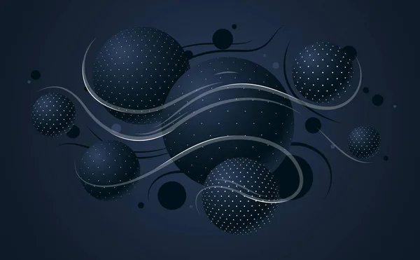 アブストラクト黒点線球ベクトル背景 点と線で装飾された飛行ボールの構成 3D混合球 — ストックベクタ