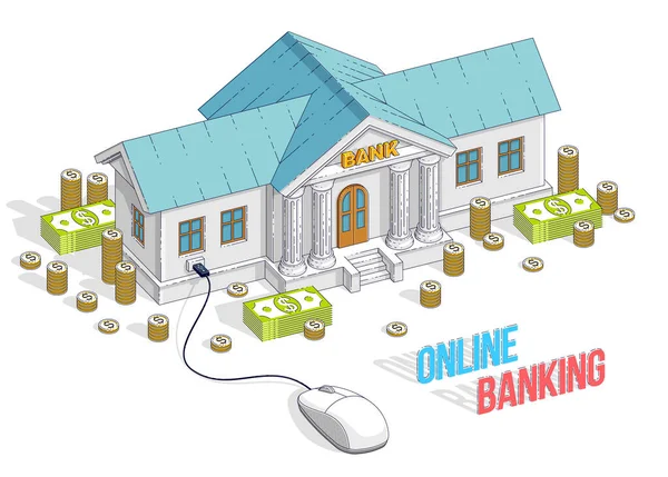 Online Banking Έννοια Τράπεζα Κτίριο Ποντίκι Υπολογιστή Και Μετρητά Στοίβα — Διανυσματικό Αρχείο