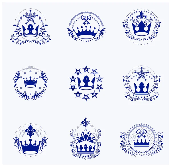 Ancient Crowns Emblems Set Heraldic Vector Design Elements Collection Retro — Stock Vector